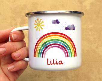 Personalised Rainbow Enamel Mug, Custom Cup, Name Water Bottle, Rainbow Name, Birthday Gift, Mini Me, Camp Mug