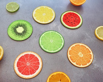 Fruit Slice Coasters, orange slice, lemon slice, lime slice, watermelon slice, kiwi slice, grapefruit slice, drink mats, home bar, colourful