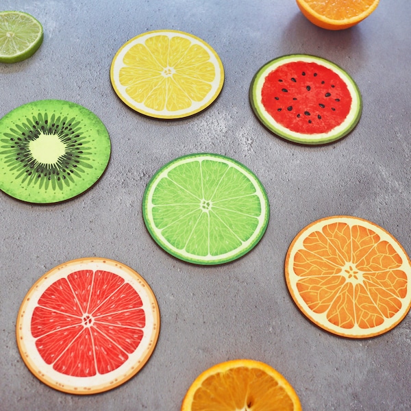 Fruit Slice Coasters, orange slice, lemon slice, lime slice, watermelon slice, kiwi slice, grapefruit slice, drink mats, home bar, colourful