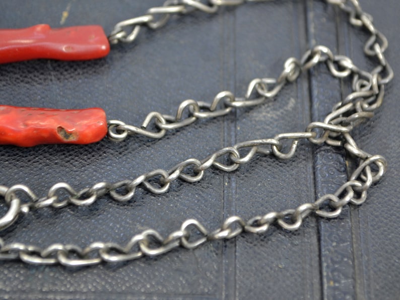 Antique Solid SILVER /& RED CORAL Filigree Drop Pendant with Handmade Chain Necklace