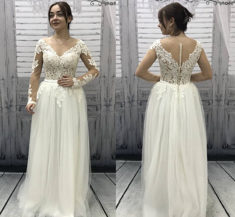 Gorgeous Lace Wedding Dress With Sheer Corset And Tulle Skirt Etsy