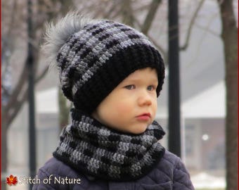 Crochet PATTERN - The Dublin Plaid Slouchy Hat and Cowl Set Pattern (18" doll, Baby to Adult sizes - Boys, Girls) - id: 16076