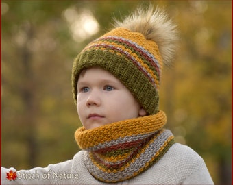 Crochet PATTERN - The Woodland Beanie and Cowl Set Pattern, Slouchy Hat with Pom-pom (Toddler to Adult sizes - Boys, Girls) - id: 16104