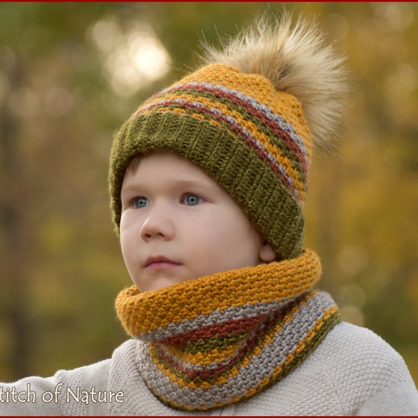 Crochet PATTERN - The Woodland Beanie and Cowl Set Pattern, Slouchy Hat with Pom-pom (Toddler to Adult sizes - Boys, Girls) - id: 16104