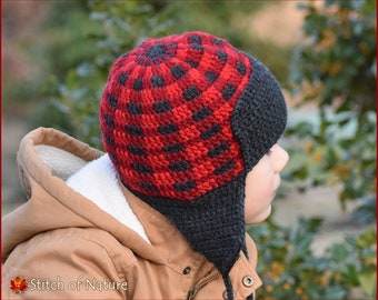 Crochet PATTERN - The Durham Plaid Earflap Hat Pattern, Plaid Trapper Hat Pattern  (Toddler to Adult sizes - Boys, Girls) - id: 16107