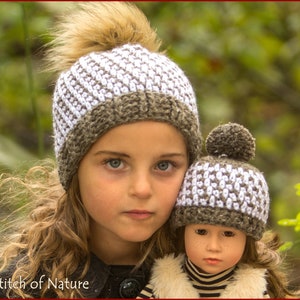 Crochet PATTERN The Wiley Beanie with a Fur Pom-pom Kidz & Cats doll, 18 doll, Baby to Adult sizes Girls and Boys id: 16086 image 1