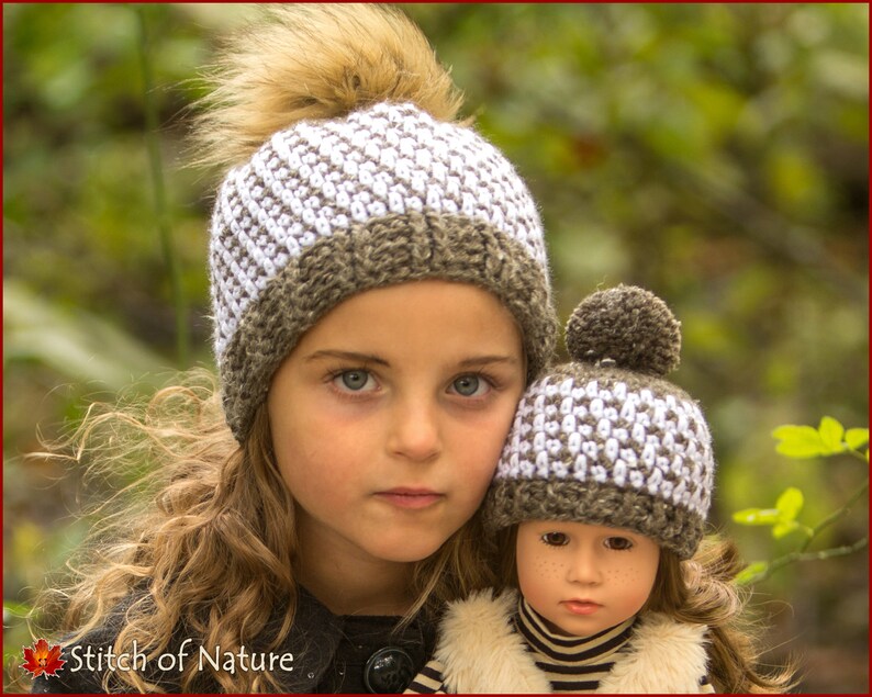 Crochet PATTERN The Wiley Beanie with a Fur Pom-pom Kidz & Cats doll, 18 doll, Baby to Adult sizes Girls and Boys id: 16086 image 1