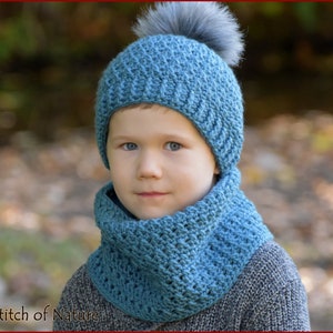 Crochet PATTERN - The Tahoe Beanie and Cowl Set Pattern, Hat with Pom-pom, Cowl (Toddler to Adult sizes - Boys, Girls) - id: 16098