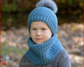 Crochet PATTERN - The Tahoe Beanie and Cowl Set Pattern, Hat with Pom-pom, Cowl (Toddler to Adult sizes - Boys, Girls) - id: 16098