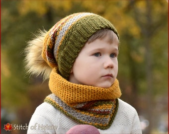 Crochet PATTERN - The Woodland Beanie and Cowl Set Pattern, Slouchy Hat with Pom-pom (Toddler to Adult sizes - Boys, Girls) - id: 16104