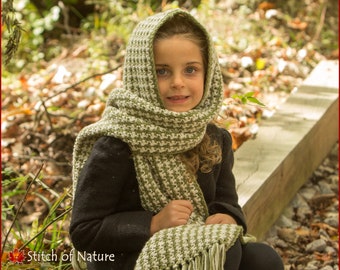 Crochet PATTERN - The Greenville Button Hood Scarf Pattern, Hooded Scarf, Wrap Pattern (18" doll, Toddler to Adult sizes) - id: 16118