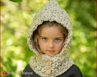 Crochet PATTERN - The Alcorn Hooded Cowl Pattern, Hood Pattern (Toddler to Adult sizes - Girls, Boys) - id: 16093