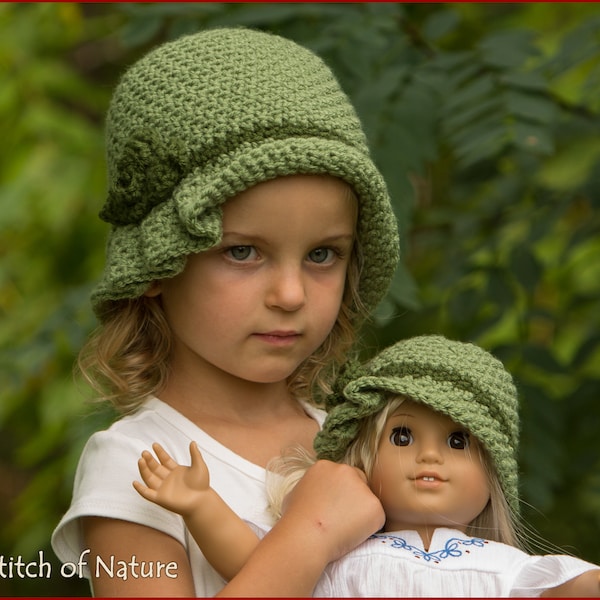 MOTIF au crochet - Chapeau plissé Virginia avec une rose, chapeau cloche, chapeau des années 1920 (taille de poupée 18 pouces, tailles tout-petits à adultes - filles) - ID : 16029