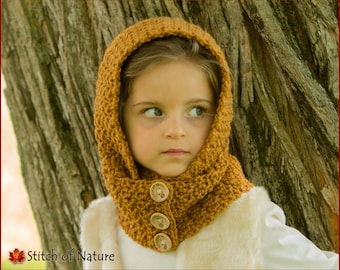 Crochet PATTERN - The Philadelphia Hooded Scarf Pattern, Scarf with Hood and Buttons (18" doll, Toddler to Adult sizes - Girls) - id: 16051