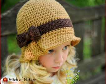 Crochet PATTERN - The Charlotte Pleated Hat with a Bow, Cloche Hat, 1920s Hat (18" doll size, Toddler to Adult sizes - Girls) - id: 16010