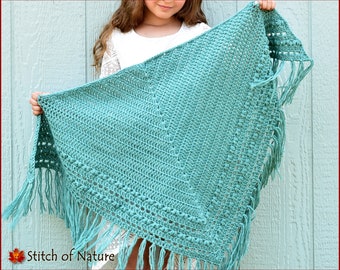 Crochet PATTERN - The Darlington Shawl Pattern, Crochet Wrap Pattern, Shawl with Fringe Pattern (Child to Adult sizes - Girls) - id: 16114