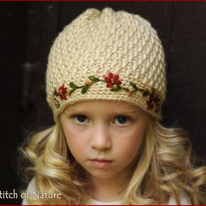 Crochet PATTERN - The Florence Beanie Hat with Embroidered Floral Vine (Baby to Adult sizes - Girls) - id: 16012