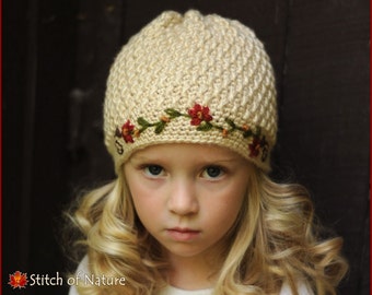 Crochet PATTERN - The Florence Beanie Hat with Embroidered Floral Vine (Baby to Adult sizes - Girls) - id: 16012