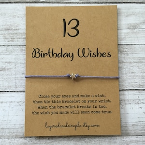 Pulsera de deseos, 13 cumpleaños, 13 favores de cumpleaños, favores de fiesta de cumpleaños de niñas, regalo de cumpleaños 13, 13 deseos de cumpleaños, tarjeta de cumpleaños 13