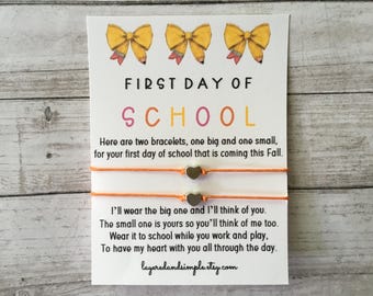 First Day of School Wish Bracelet Set, Matching Heart Charm