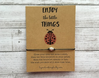 Handmade Ladybug Wish Bracelet, Biodegradable Cord, Enjoy Little Things