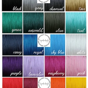 May include: A color chart of 18 different colors of embroidery floss. The colors are arranged in four rows of four colors each. The colors are: black, gray, charcoal, tan, green, emerald, olive, teal, navy, royal, sky blue, white, purple, lavender, raspberry, pink, red, burgundy, orange, and yellow.