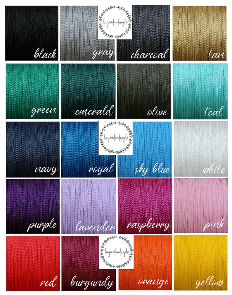 May include: A color chart of 18 different colors of embroidery floss. The colors are arranged in four rows of four colors each. The colors are: black, gray, charcoal, tan, green, emerald, olive, teal, navy, royal, sky blue, white, purple, lavender, raspberry, pink, red, burgundy, orange, and yellow.