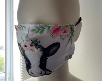 Beautiful Cow with Flowers Vegan Adult Reusable Face Mask includes 3 filters 6.3”x4.5”