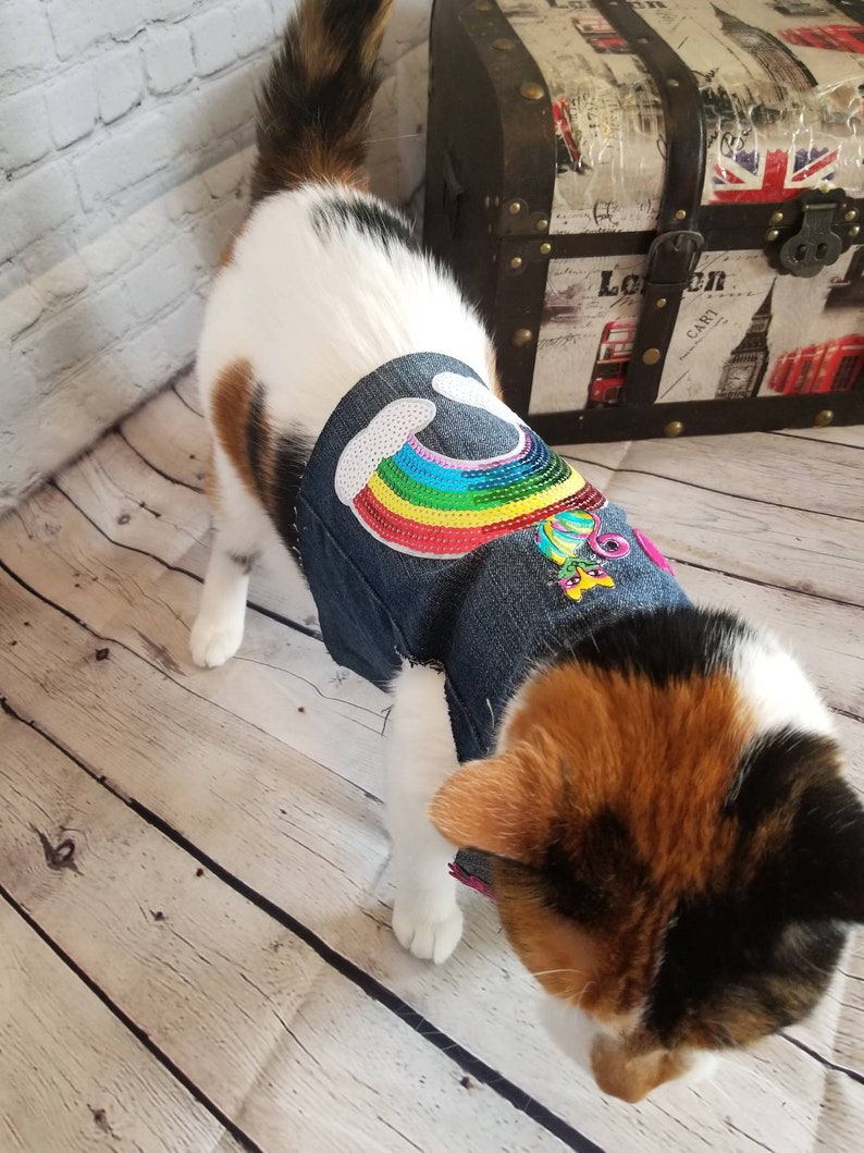 Denim Cat Vest wSequin /& Embroidered Patches Pride Rainbow Handmade Unique Novelty Feline Accessory Vest Repurposed Materials New Cat City