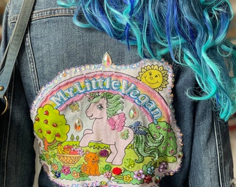 My Little Vegan Denim Jacket Made from Repurposed Materials -  Hand Decorated - 100% proceeds to benefit one family in Gaza