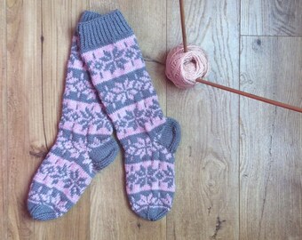 Pink Bordo White Beautiful Ornament Ornament Hand knit wool socks Angora Fine thick warm wool socks gift Womens