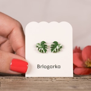 Monstera Leaf Stud Earrings: Variegated Green Titanium Jewelry