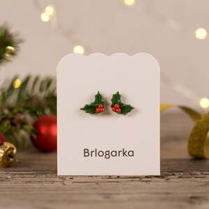 Handmade Christmas Holly Titanium Stud Earrings, Polymer Clay