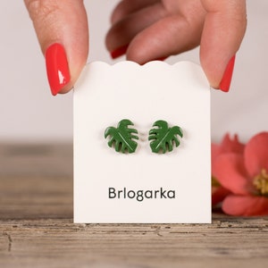 Green Monstera Leaf Stud Earrings: Titanium Plant Lover Jewelry