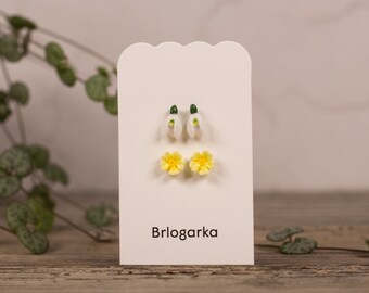 Floral Delight Earrings Set: Snowdrops and Primrose Polymer Clay Studs