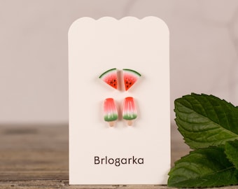 Watermelon Earrings and Ice Cream Handcrafted Polymer Clay Stud Earrings Set, Titanium Earrings, Unique Earrings