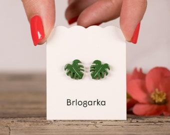 Green Monstera Leaf Studs Earrings, Flower Post, Titanium earrings, Flower Jewelry, Plant Lover Gift, Monstera Plant, Unique Earrings