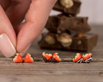 Chocolate Covered Strawberry Stud earrings, Strawberry Jewelry, Funny earrings, Miniature Food, Titanium Earrings, Unique Earrings