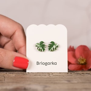 Monstera Green Variegata Leaf Stud Earrings, Statement earrings, Monstera Deliciosa, Monstera jewelry, Titanium Earrings, Unique Earrings