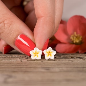 Plumeria-oorknopjes: handgemaakte frangipani polymeerklei, titanium stiften