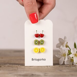 Fruit Earrings Set, Mismatched earrings, Titanium Earrings, Cute Unique Earrings, Food earrings, Lemon, Cherry, Kiwi Earrings