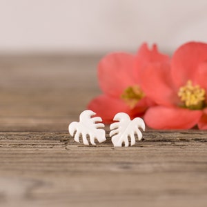 White Monstera Stud earrings, Flower earrings, Botanical earrings, Statement earrings, Monstera jewelry. Titanium Earrings, Unique earrings image 2