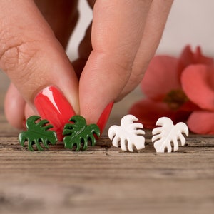 Handmade Titanium Monstera Leaf Stud Earrings: Plant Lover Gift