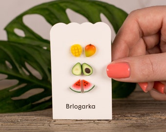 Tropical Fruit Stud Set, Food Post earrings, Cute Mango Earrings, Avocado Jewelry, Watermelon Studs, Mismatched Unique Earrings