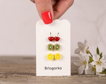 Fruit Earrings Set, Mismatched earrings, Titanium Earrings, Cute Unique Earrings, Food earrings, Lemon, Cherry, Kiwi Earrings