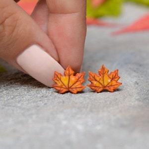 Maple Leaf Quality Stud Earrings, Polymer Clay Maple, Autumn Earrings, Fall Gift, Maple Tree, Cute Earring, Unique Earring, Titanium Earring image 2