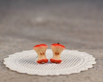 Funky Apple Core Fruit Stud Earrings - Funny earrings, Unique Post Earrings, Small earrings, Titanium Earrings, Dainty earrings