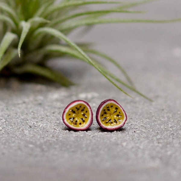 Passion Fruit Stud Earrings, Fruit earrings, Titanium Earrings, Maracuja Studs, Stud earrings, Passion Fruit Jewelry, Unique Earrings