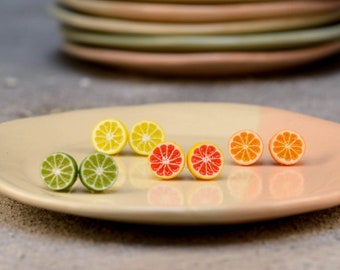 Citrus Fruit Studs Earrings, Titanium Earrings, Fruit Earrings, Clay Orange, Lemon, Grapefruit, Lime, Titanium Earrings,  Unique Earrings