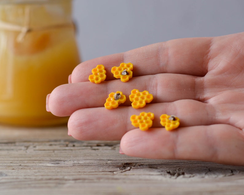 Miniature Honeybee Stud Earrings, Cute earrings, Animal Jewelry, Yellow Honeycomb, Honey Bee earrings, Titanium Earring, Unique Earrings image 5